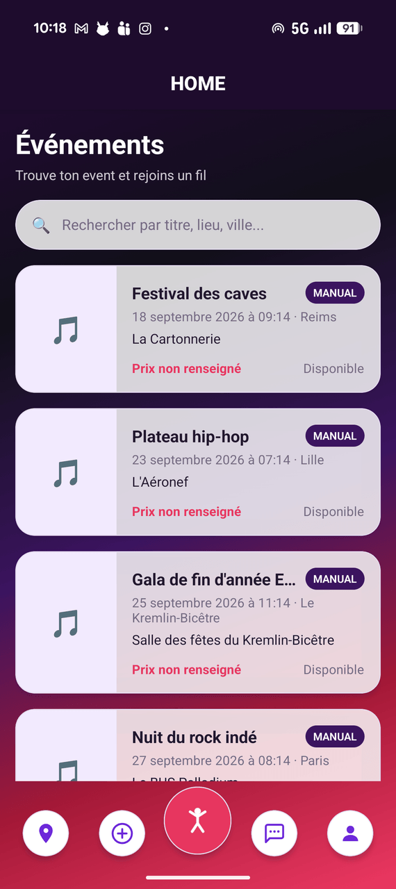 Écran d'accueil de Meet To The Pit : la liste des événements musicaux avec un champ de recherche.