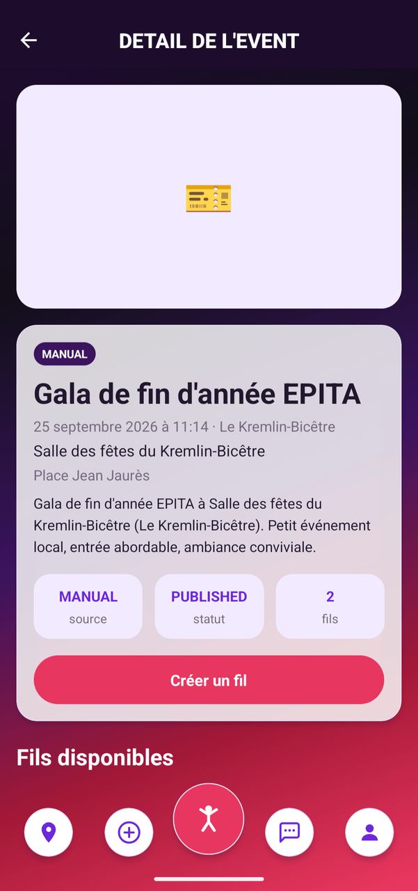 Fiche de l'événement Gala de fin d'année EPITA, avec sa date, sa salle et le bouton Créer un fil.