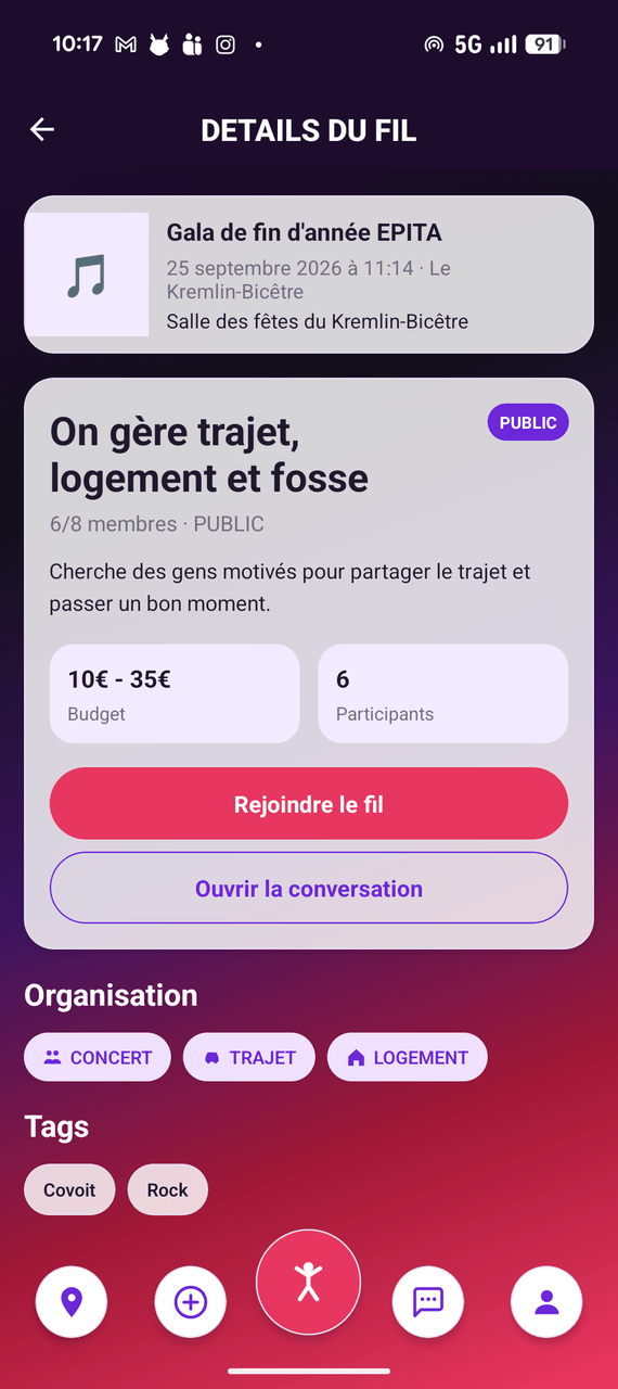 Détail d'un fil de discussion avec son budget, ses participants et ses étiquettes concert, trajet et logement.