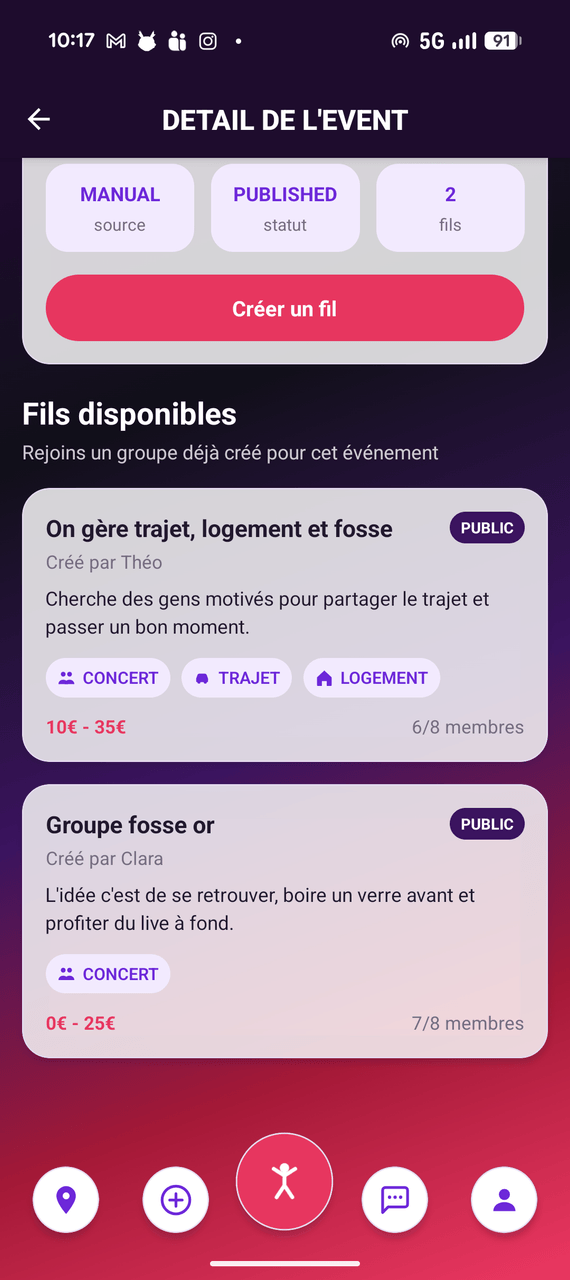 Liste des fils disponibles pour un événement, avec pour chacun son budget et son nombre de membres.